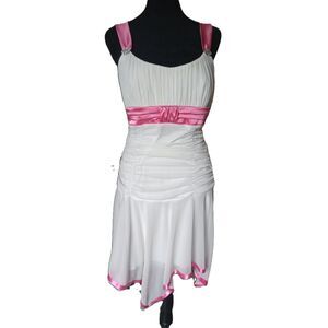 Deb Women's M White Asymmetrical Mini Dress With Ruching And Pink Trim, Vtg
